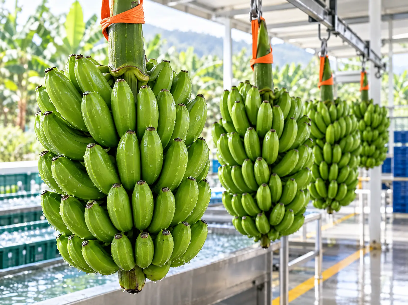 Racimos de banano verde colgados en una empacadora moderna del Ecuador