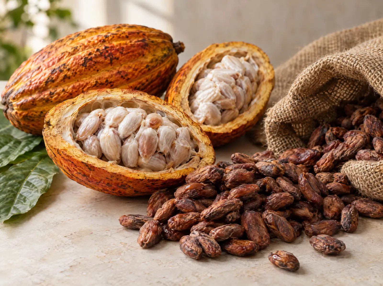Mazorcas abiertas de cacao fino de aroma junto a granos fermentados y un saco de yute