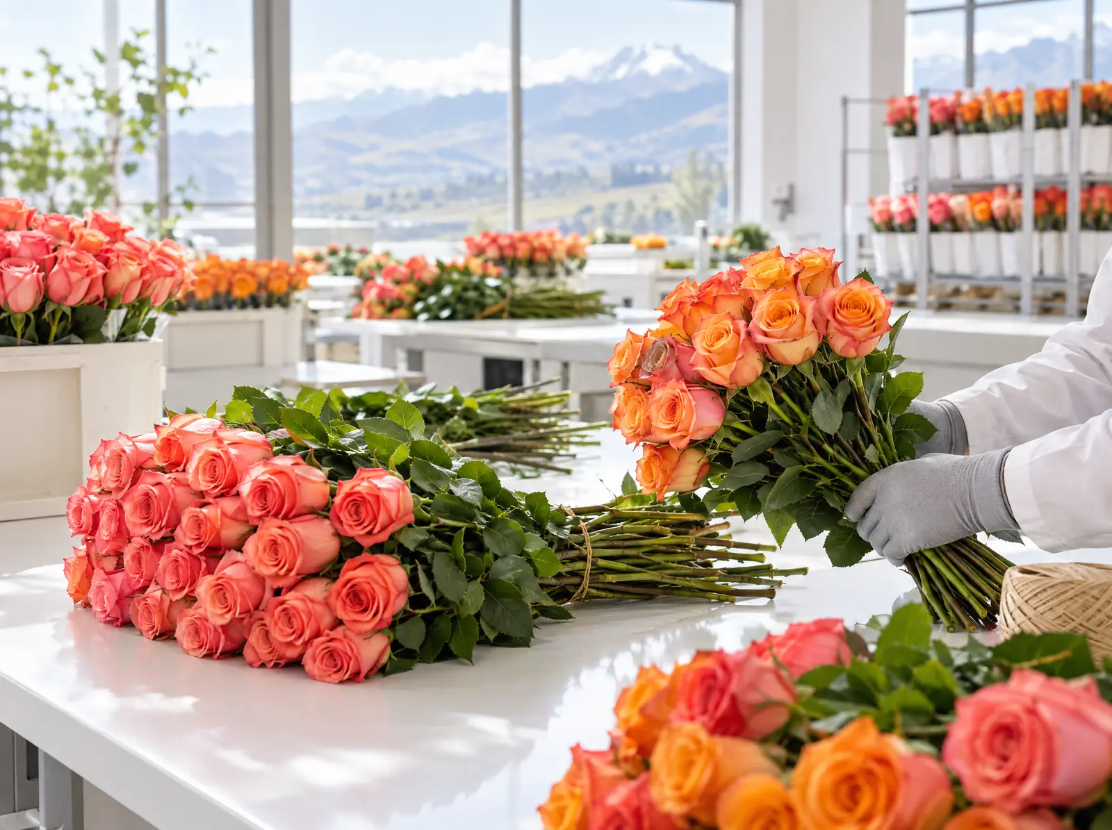 Rosas de tallo largo en tonos coral y naranja listas para empaque en una finca andina
